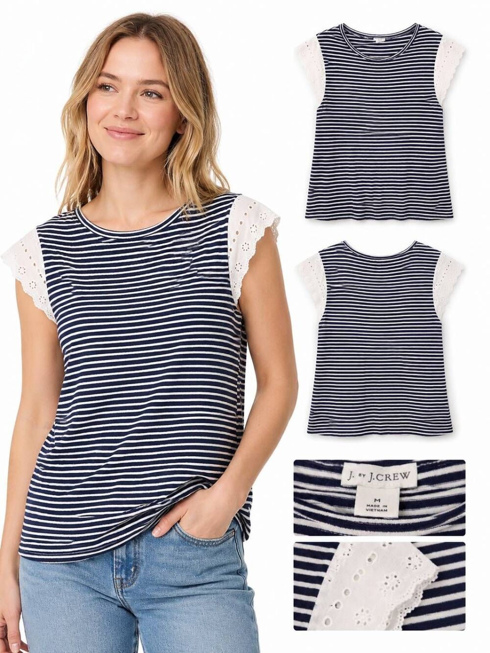 J. by J.Crew M Navy Stripe Eyelet Sleeve Cotton Top